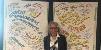 Dr. Elizabeth George in front of drawings of student engagement